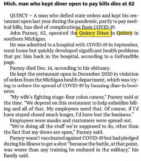 Quincy Diner - Dec 2021 Article On Owner